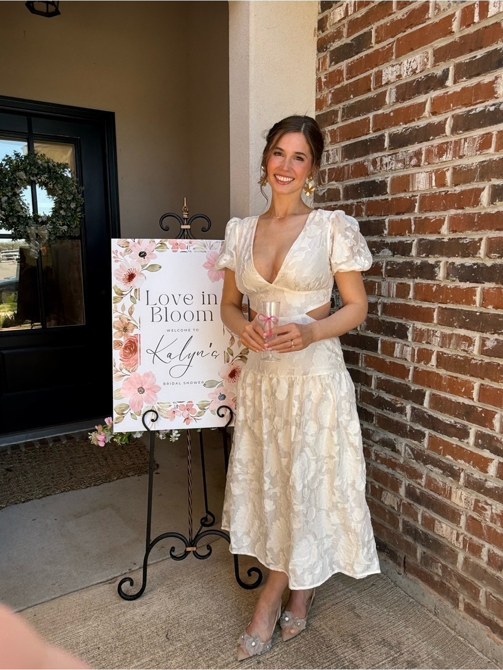 Ivory Floral Cutout Midi Dress with Puff Sleeves